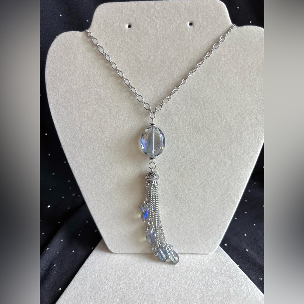 Silver-tone Iridescent Crystal Tassel Long Necklace